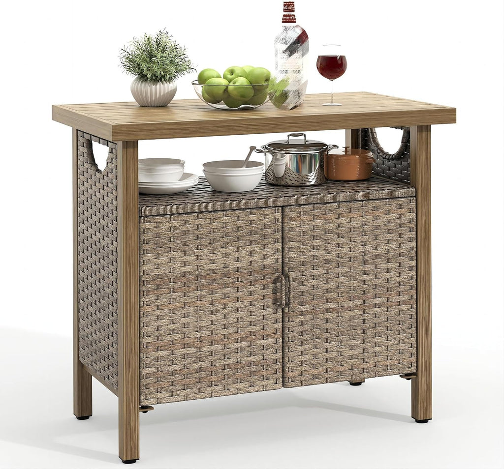 YITAHOME Outdoor Storage Cabinet, Patio Bar Table with Two Doors and Shelves, Weatherproof Wicker Storage Console Table for Outdoor Cushions, Pool Tool and Garden Potting - Brown