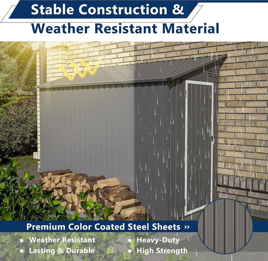 Shed Lean to Storage Shed, Outdoor 4' x 8' Metal Wall Side Storage Sheds & Outdoor Storage, Garden Storage Cabinet for Backayrd, Patio and Outdoor Use,Grey