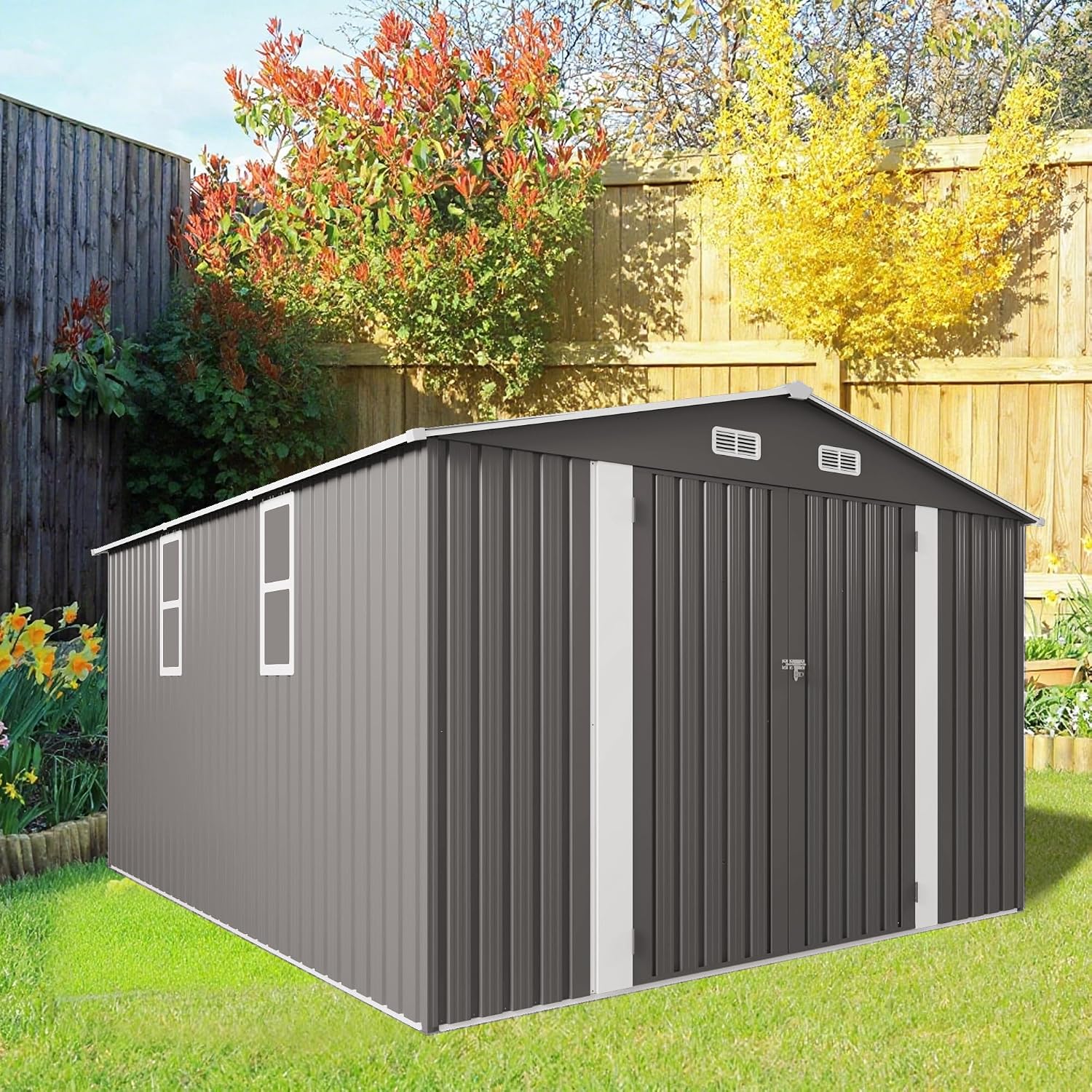 10x12 FT Outdoor Storage Shed, Large Metal Garden Shed with 2 Windows, Outside Tool Sheds with Lockable Hinged Doors, Waterproof Storage Building with 4 Air Vents for Backyard, Patio, Lawn, Gray