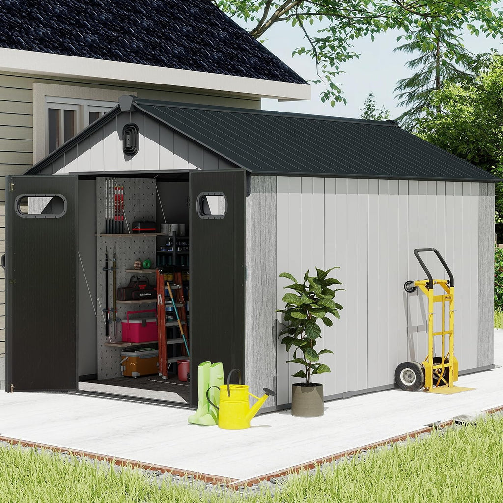 Domi 8x14 FT Outdoor Resin Storage Shed, All-Weather Double-Wall Storage Building with Lockable Doors and Ventilated Roof, Ideal for Lawn Tools, Bikes, Mowers, and Pool Equipment, Grey