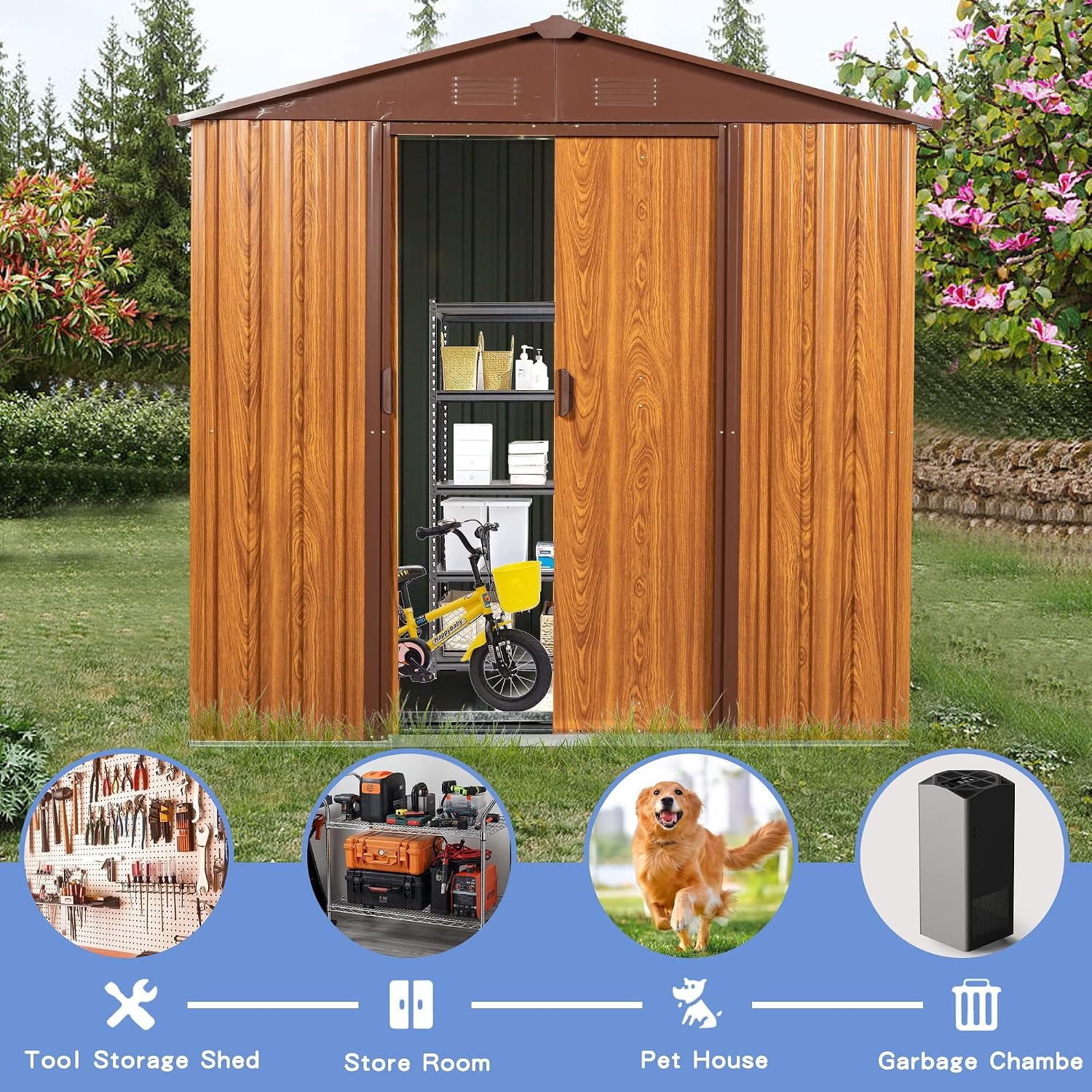 6 x 6 FT Outdoor Storage Shed, Metal Garden Shed with Floor Frame, Tool Shed Outdoor Storage with Lockable Sliding Doors & Air Vents, Storage House Waterproof for Backyard, Lawn, Coffee