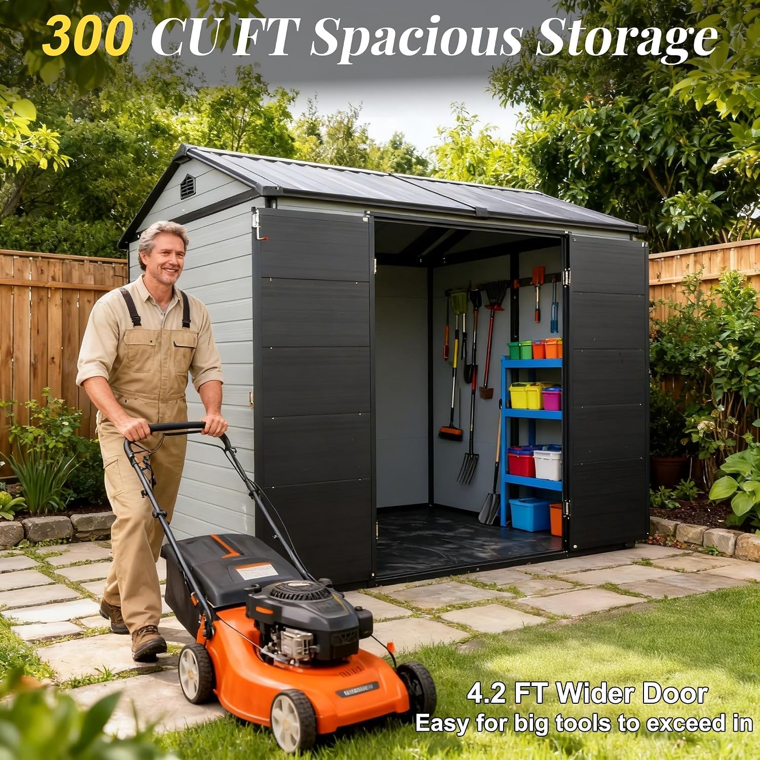 8x6 FT Resin Storage Shed with Floor, Outdoor Lockable Garden Shed with Windows & Vents, Large Backyard Storage for Tools Bikes (Black Grey)