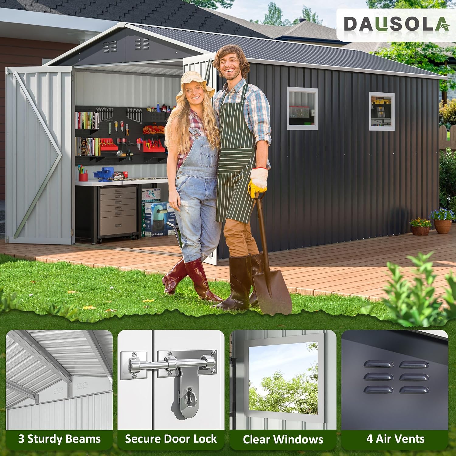 DAUSOLA 8x11.6 FT Outdoor Storage Shed, Metal Garden Tool Shed with Updated Frame Structure, Lockable Doors and Windows, Ideal for Backyard Garden Patio Lawn, Grey