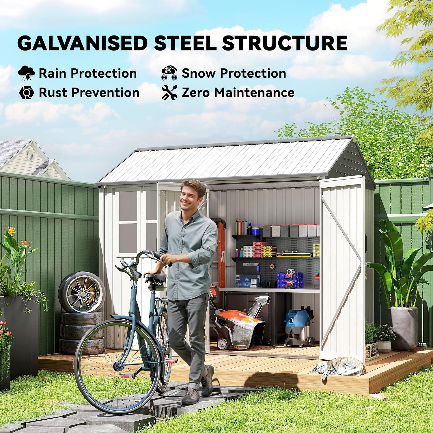 Outsunny 8' x 6' Outdoor Storage Shed, Metal Garden Shed with Window & Double Lockable Door, Outdoor Tool Shed Storage with Sloped Roof for Backyard, Patio, Garage, Lawn, White