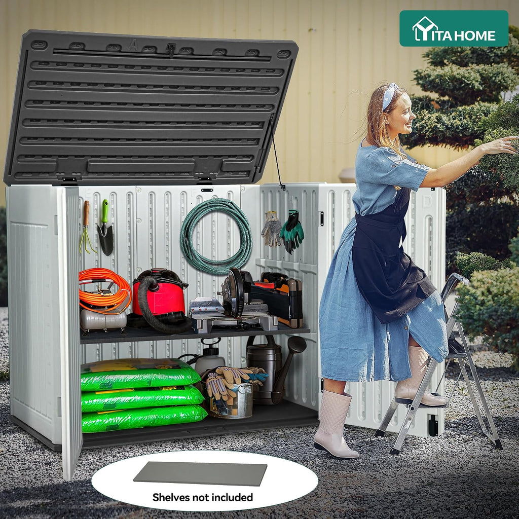 YITAHOME Extra Large Outdoor Horizontal Storage Shed, 4.5x4ft Resin Tool Sheds w/o Shelf, Easy to Assemble Waterproof Storage for Trash Cans, Garden Tools, Lawn Mower, Lockable, Light Gray