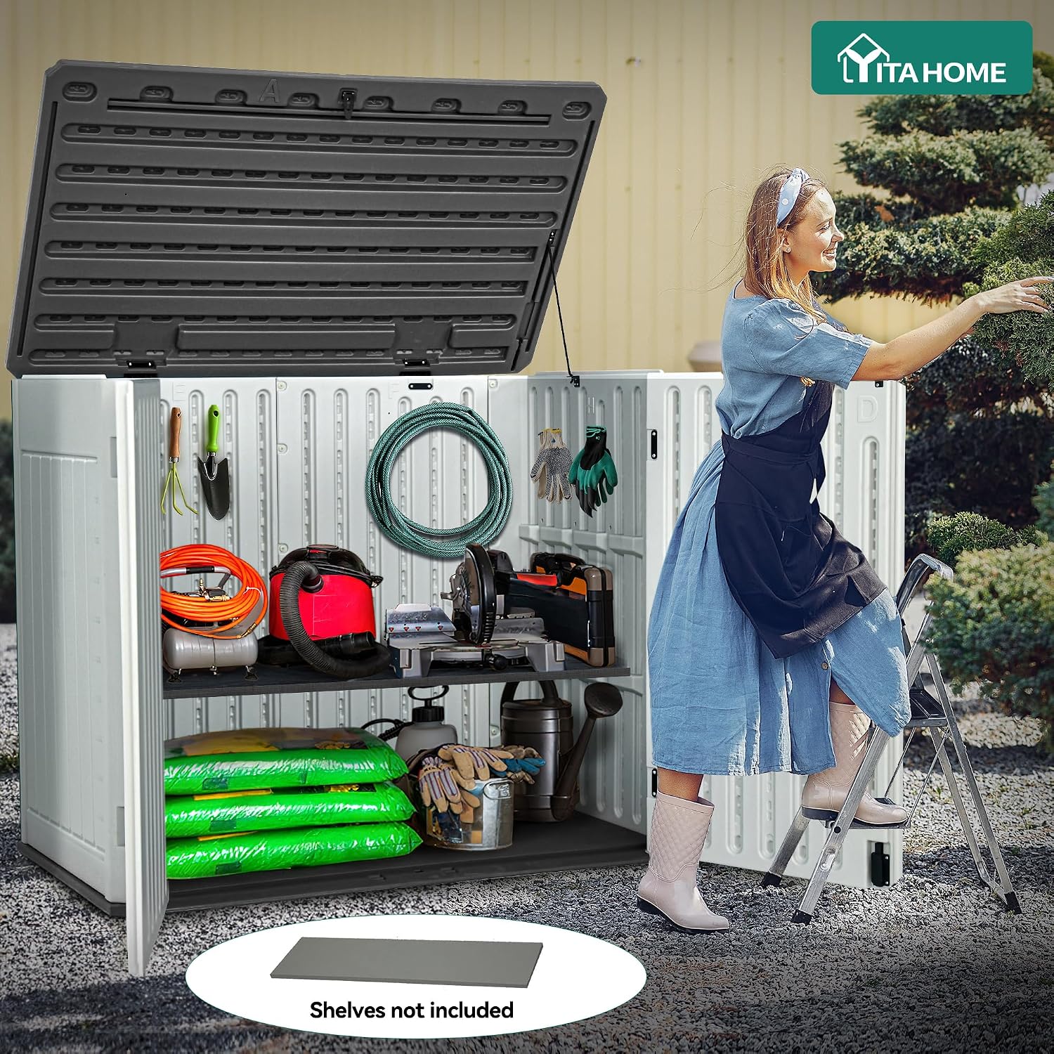 YITAHOME Extra Large Outdoor Horizontal Storage Shed, 4.5x4ft Resin Tool Sheds w/o Shelf, Easy to Assemble Waterproof Storage for Trash Cans, Garden Tools, Lawn Mower, Lockable, Light Gray