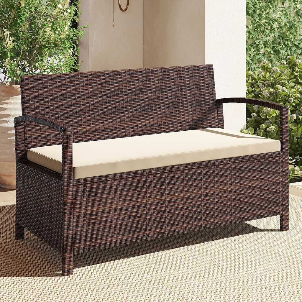 Tangkula 42 Gallon Outdoor Bench with Storage, Outdoor PE Rattan Storage Bench with Cushion, Backrest & Acacia Wood Armrests, Metal Frame, Waterproof Deck Box Seat for Porch Backyard Poolside