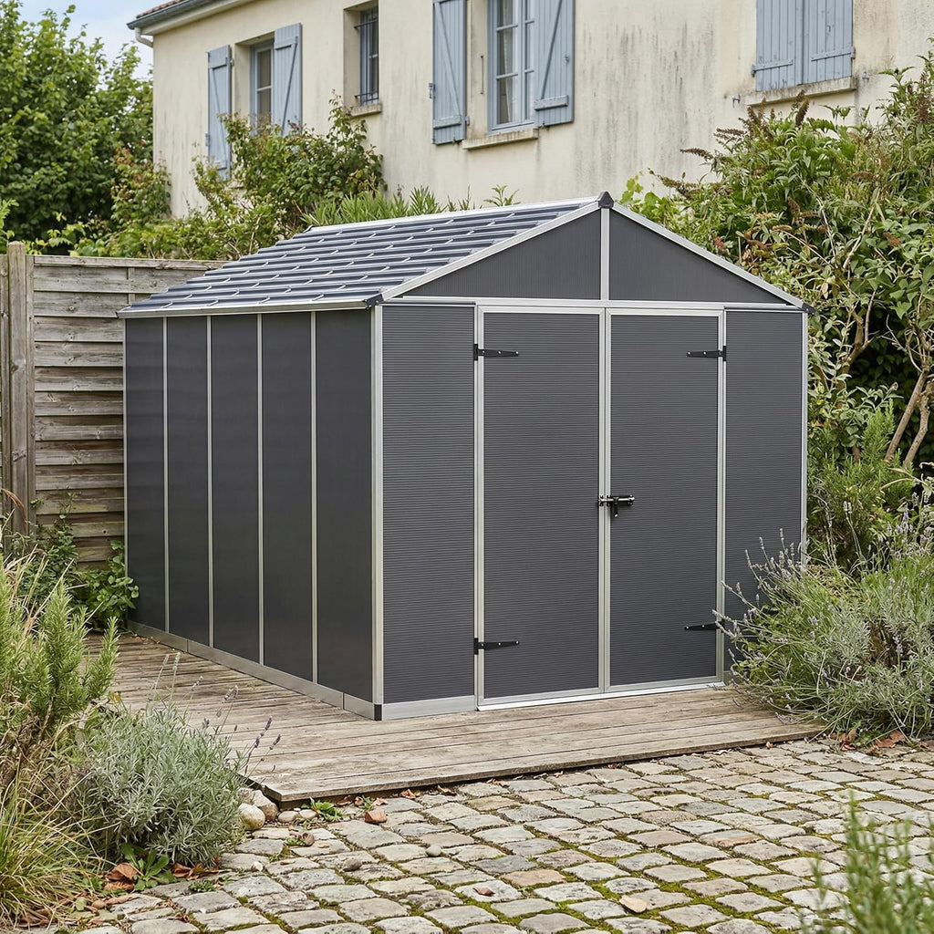 Palram Canopia Rubicon Storage Shed, 8' x 10' DIY Backyard Shed, Gray Polycarbonate Panels and Aluminum Frame, Sheds & Outdoor Storage for Lawn Mower, Bike, Garden Tools, Outdoor Storage Box Shed