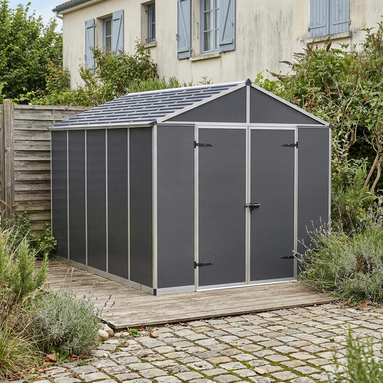 Palram Canopia Rubicon Storage Shed, 8' x 10' DIY Backyard Shed, Gray Polycarbonate Panels and Aluminum Frame, Sheds & Outdoor Storage for Lawn Mower, Bike, Garden Tools, Outdoor Storage Box Shed