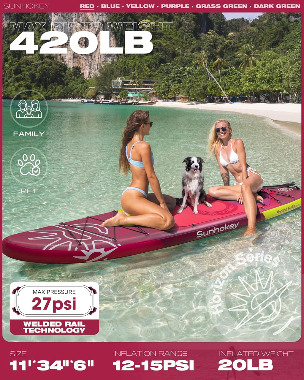 11'×34'' Extra Wide Inflatable Paddle Board with Seam Welded Technology, Stand Up Paddle Board, 420lb Capacity for Adults, Sup Board for All-Level with 2-Blade Paddle/Dual-Action Pump/Leash