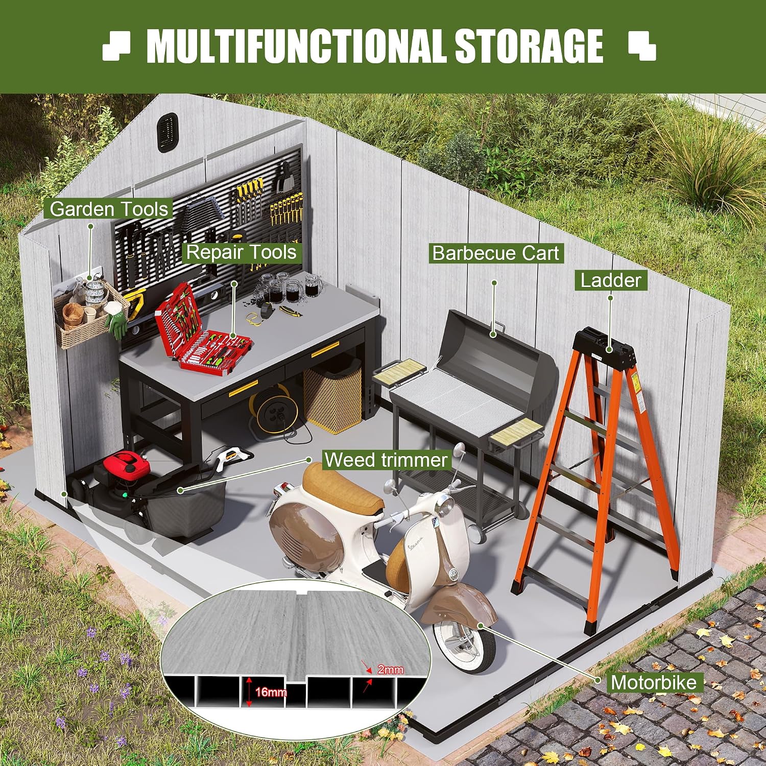 Domi 8x13.5FT Outdoor Resin Storage Shed with Transparent Windows & Louvered Vents, Plastic Tool Shed with Double Lockable Doors & Gable Roof, Outside Garden Shed for Backyard, Patio, Lawn, Grey