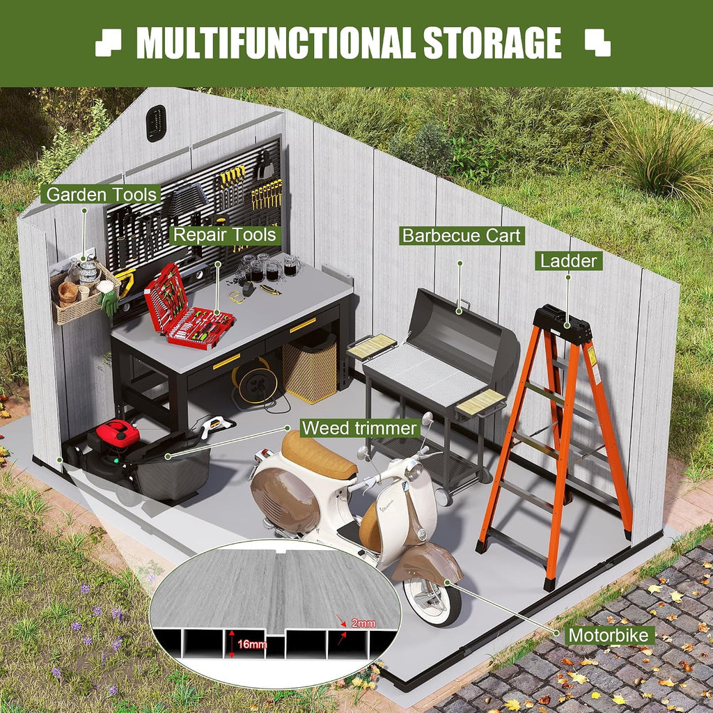 Domi 8x15.5FT Outdoor Resin Storage Shed with Transparent Windows & Louvered Vents, Plastic Tool Shed with Double Lockable Doors & Gable Roof, Outside Garden Shed for Backyard, Patio, Lawn, Grey