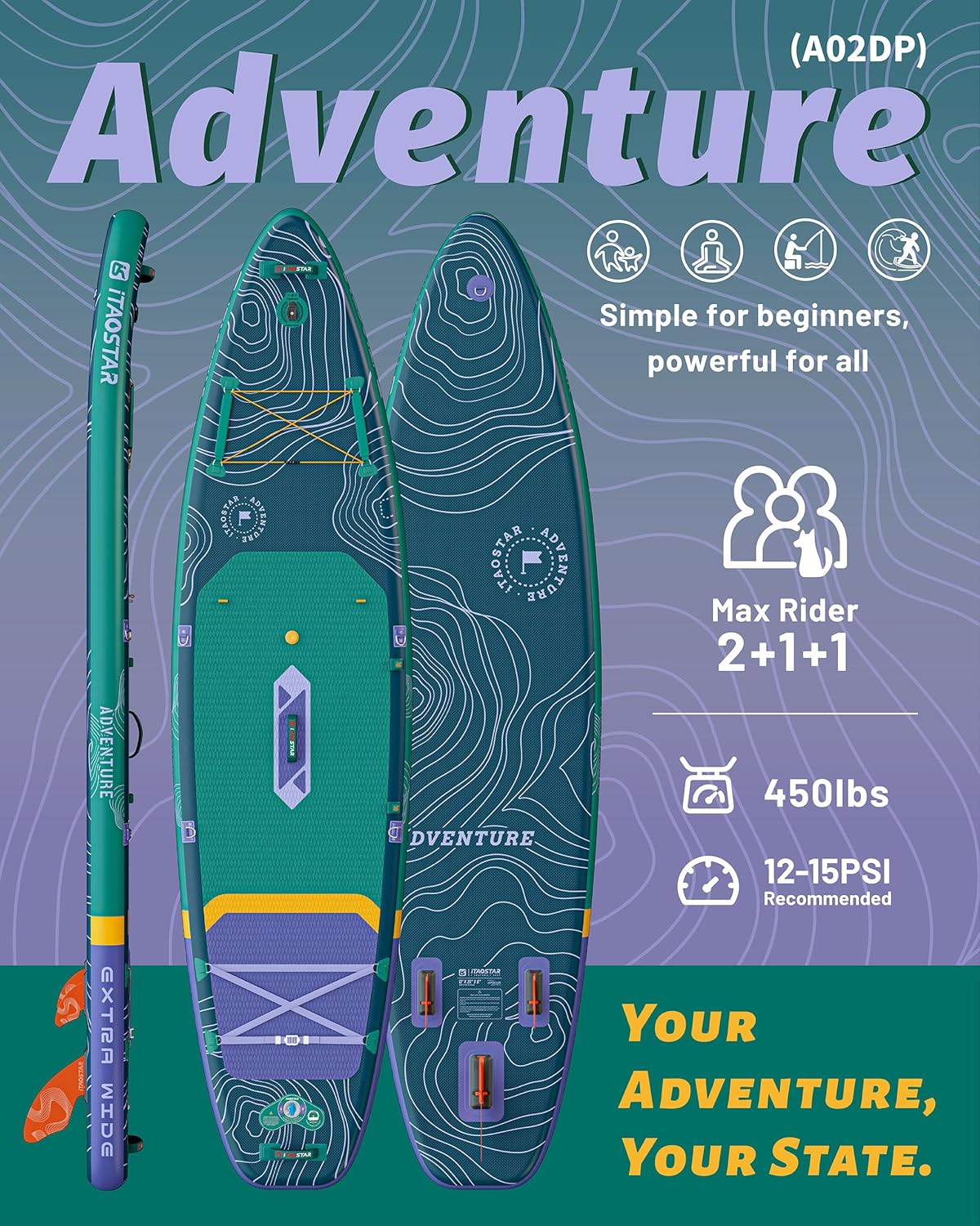 iTAOSTAR Adventure 12' × 35'/39' Inflatable Stand Up Paddle Board with Seat, Extra Wide SUP Board with 5 Fins Stable Design for Adults, Youth, All Skill Levels, Lakes, Oceans & Fishing