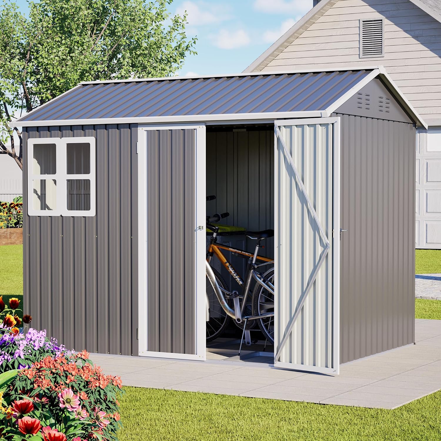 8X 6ft Outdoor Storage Shed with Clear Window, Heavy-Duty Tool Shed with Breathable Vent and Lockable Doors, Weather Resistant Steel Garden Shed