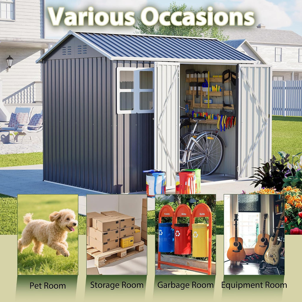 8X 6ft Outdoor Storage Shed with Clear Window, Heavy-Duty Tool Shed with Breathable Vent and Lockable Doors, Weather Resistant Steel Garden Shed