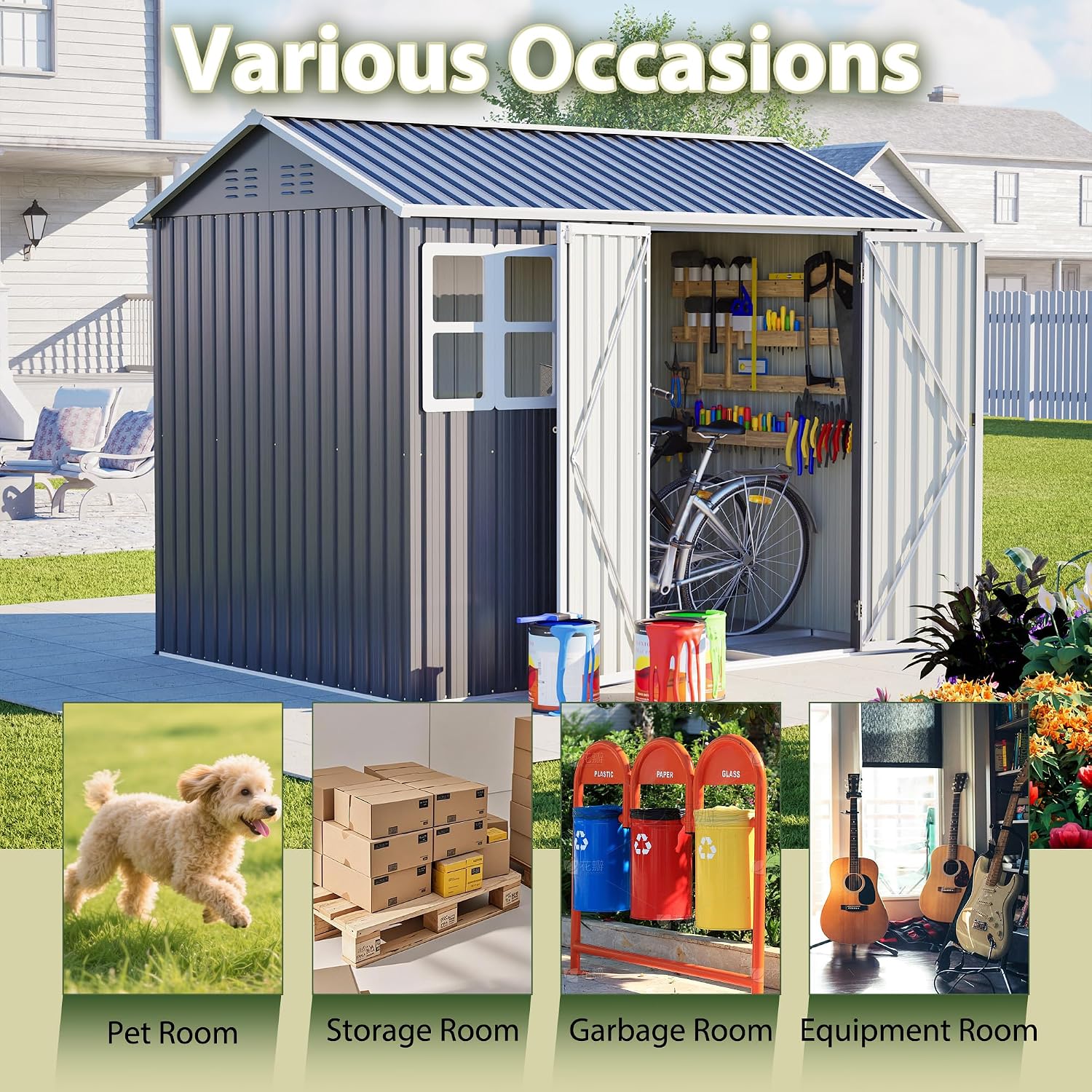 8X 6ft Outdoor Storage Shed with Clear Window, Heavy-Duty Tool Shed with Breathable Vent and Lockable Doors, Weather Resistant Steel Garden Shed
