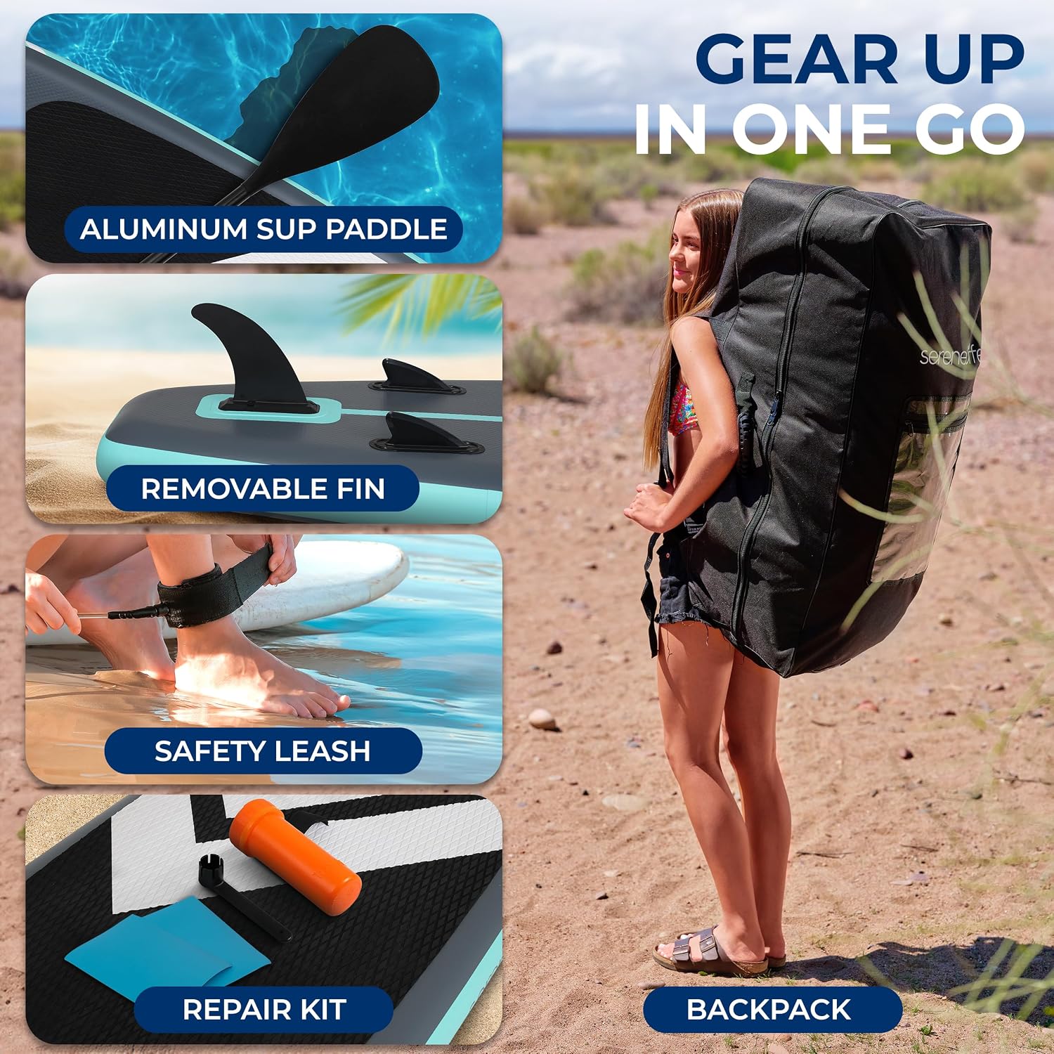 SereneLife 10'6' Inflatable Stand-Up Paddle Board with Window - 32' Wide Stable Design with Non-Slip EVA Deck Pad, Premium SUP Accessories and GoPro Mount, for Youth and Adults, 350 lbs. Capacity