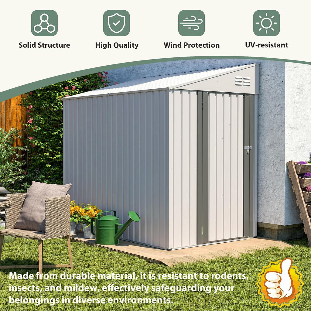 4x7 FT Lean to Shed with Single Lockable Side Door, Outdoor Metal Storage Shed, Sloping Roof Galvanized Utility Steel Tool Shed for Garden, Patio, Lawn & Backyard
