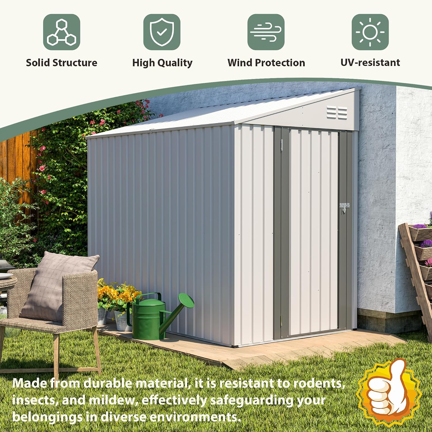 4x7 FT Lean to Shed with Single Lockable Side Door, Outdoor Metal Storage Shed, Sloping Roof Galvanized Utility Steel Tool Shed for Garden, Patio, Lawn & Backyard