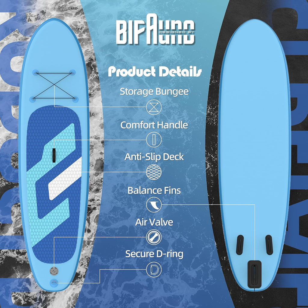 Bifanuo Inflatable Stand Up Paddle Board with SUP Accessories & Backpack. Paddle Boards for Adults. Non-Slip Deck, Wide Stance, Bottom Fin, Double Action Pump.