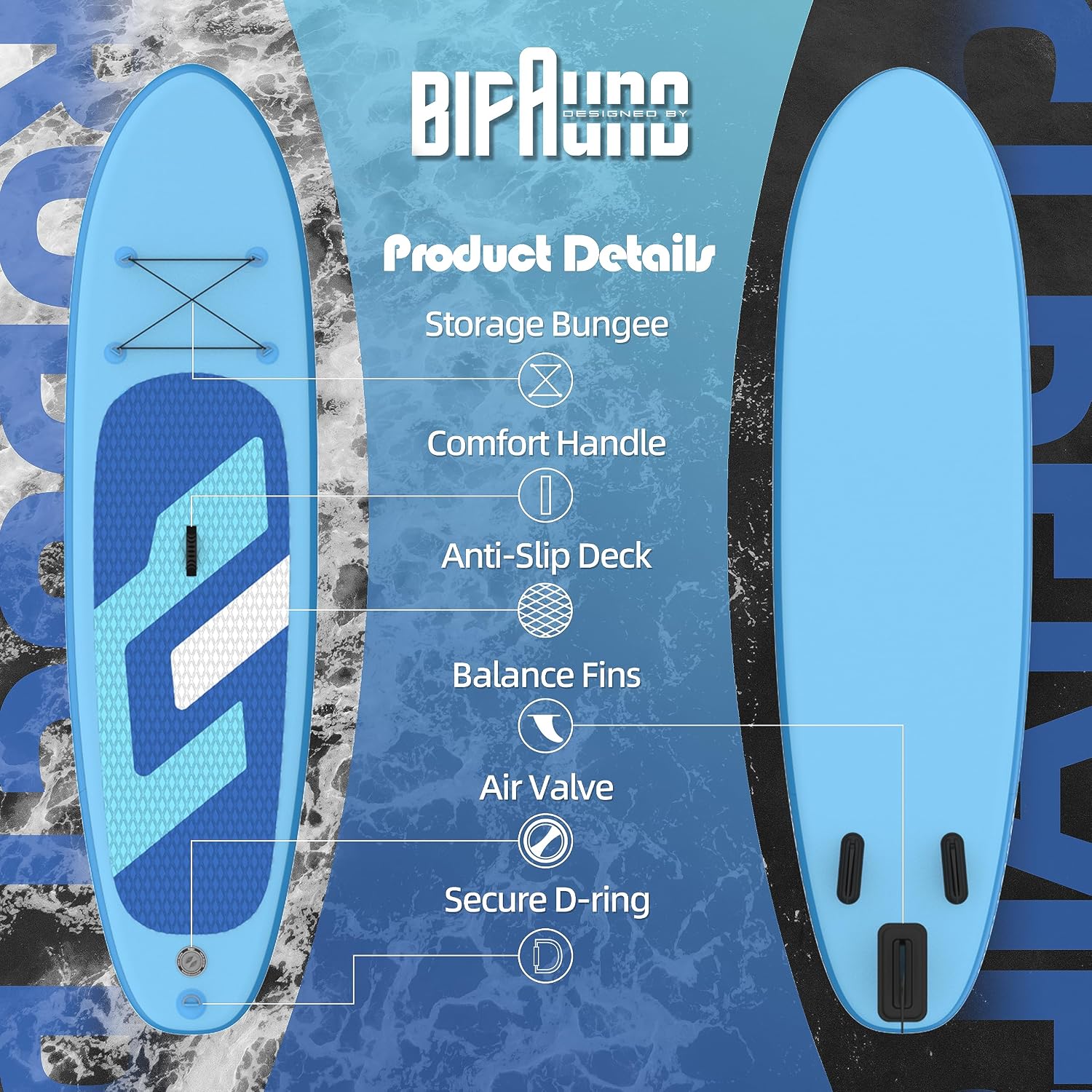 Bifanuo Inflatable Stand Up Paddle Board with SUP Accessories & Backpack. Paddle Boards for Adults. Non-Slip Deck, Wide Stance, Bottom Fin, Double Action Pump.