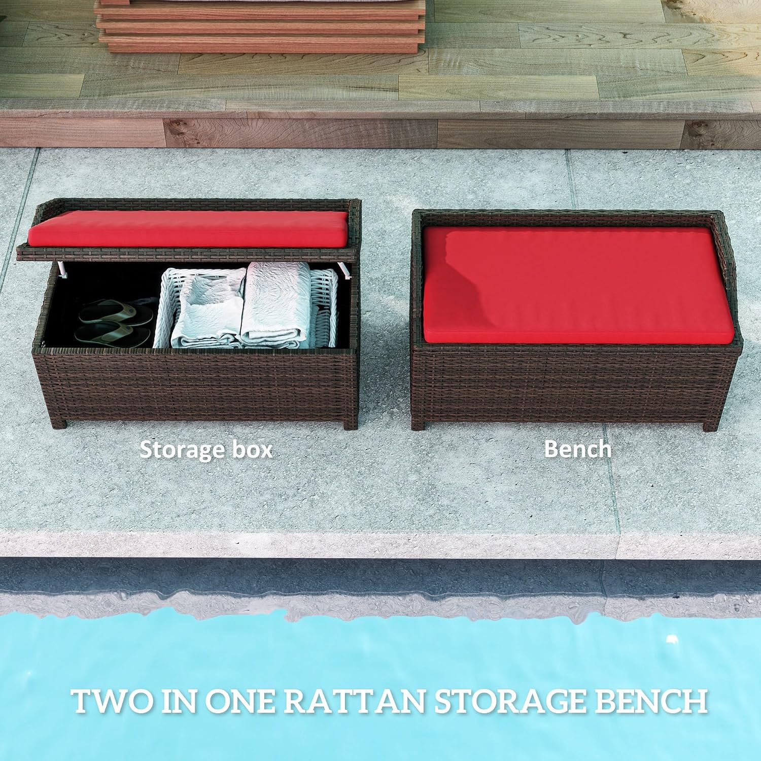 Outsunny 34 Gallon Outdoor Wicker Storage Bench Deck Box, PE Rattan Patio Furniture Pool Storage Bin Container with Interior Waterproof Cloth Bag and Comfortable Cushion, Red