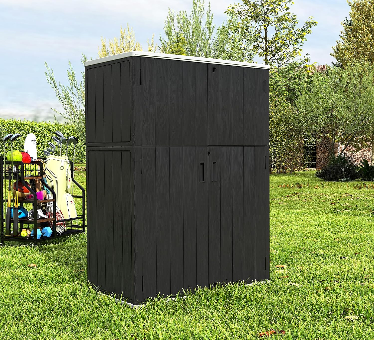 ZZM 57 Cu.ft Outdoor Storage Shed with Floor HDPE Double-Wall Resin Sheds Outdoor Storage, Lockable Weatherproof Storage Cabinet Fit for Garden Tools, Garage can, Bike, Patio Furniture, Black