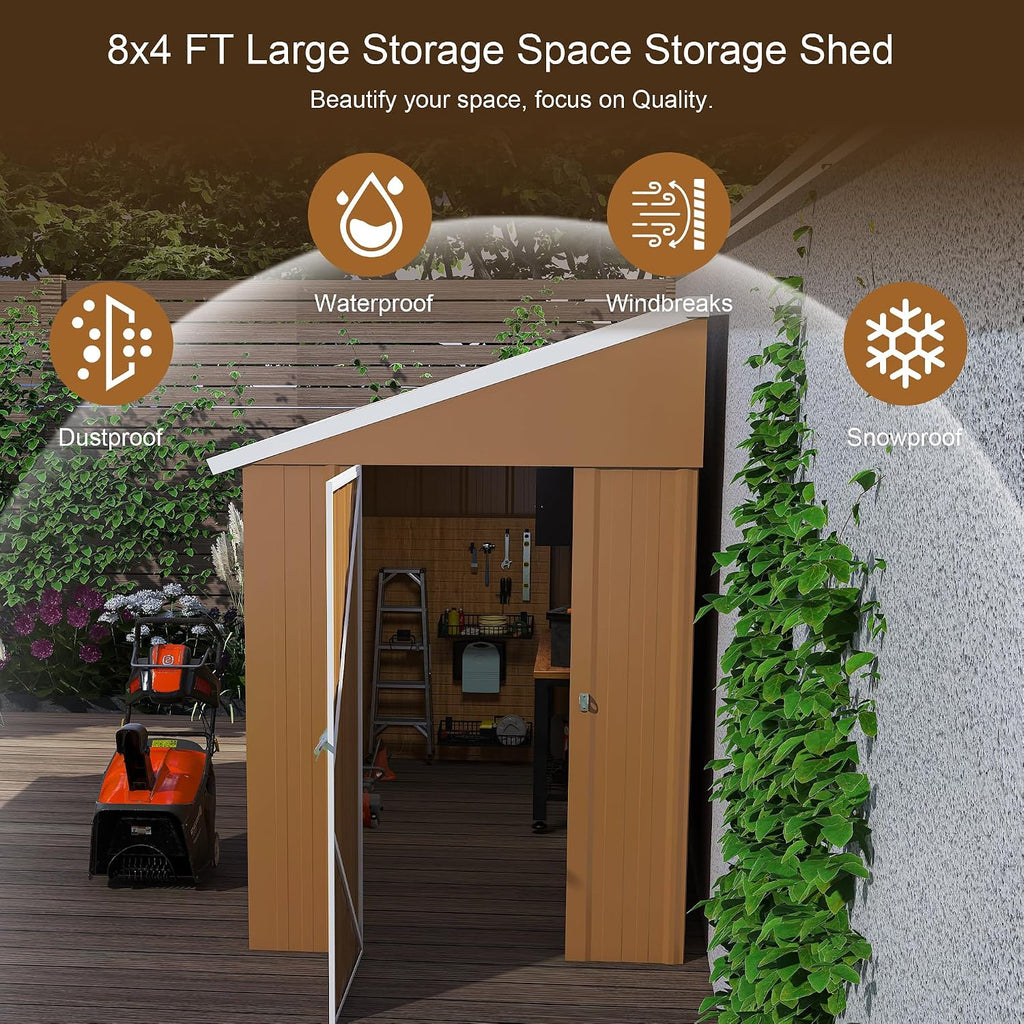8x4 FT Heavy-Duty Metal Tool Shed with Windows, Lockable Door & Ventilation, Weatherproof Outdoor Garden Storage Shed for Backyard, Lawn, and Tool Organization, Brown