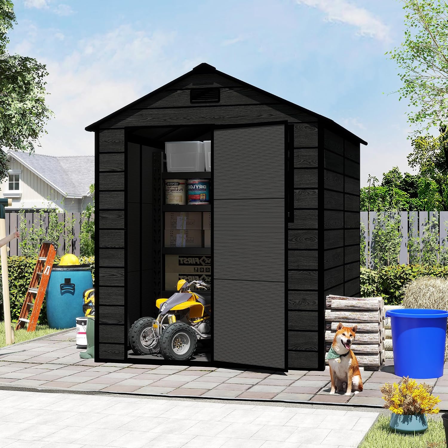 Plastic Storage Shed 6x6 Ft, Resin Outdoor Storage Shed, Garden Tool Sheds Weatherproof for Store Patio Furniture, Garden Tools Bike Accessories, Beach Chairs and Lawn Mower, Black Wood Grain