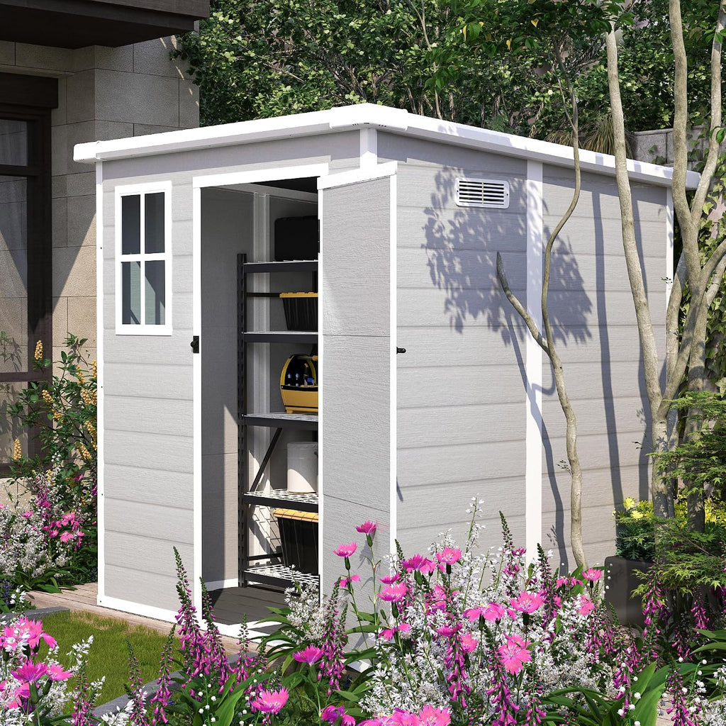 KEIKI 6x6 FT Outdoor Resin Storage Shed, Polypropylene Storage Shed with Floor & Window & Lockable Door & Vents, Garden Shed Tool Shed for Home Backyard Garden Lawn Pool Supplies, Light Grey