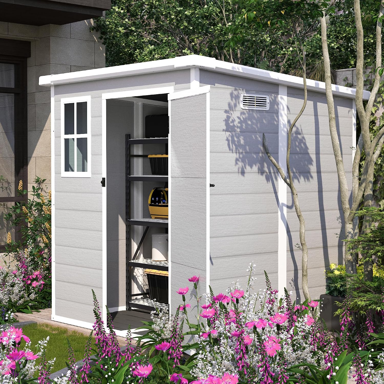 KEIKI 6x6 FT Outdoor Resin Storage Shed, Polypropylene Storage Shed with Floor & Window & Lockable Door & Vents, Garden Shed Tool Shed for Home Backyard Garden Lawn Pool Supplies, Light Grey