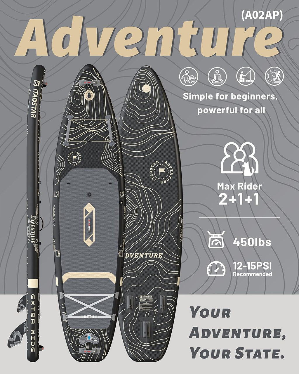 iTAOSTAR Adventure 12' × 35'/39' Inflatable Stand Up Paddle Board with Seat, Extra Wide SUP Board with 5 Fins Stable Design for Adults, Youth, All Skill Levels, Lakes, Oceans & Fishing