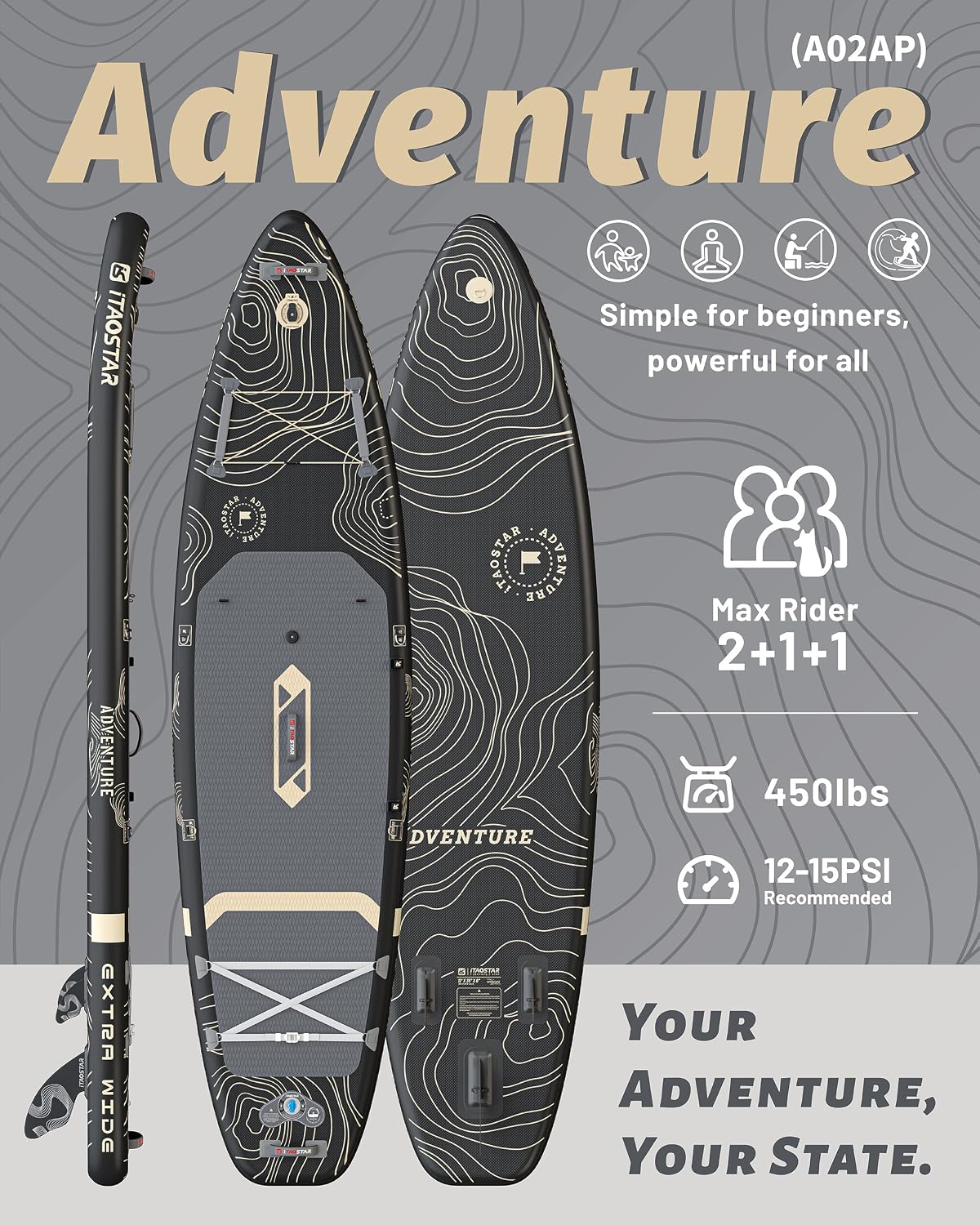 iTAOSTAR Adventure 12' × 35'/39' Inflatable Stand Up Paddle Board with Seat, Extra Wide SUP Board with 5 Fins Stable Design for Adults, Youth, All Skill Levels, Lakes, Oceans & Fishing