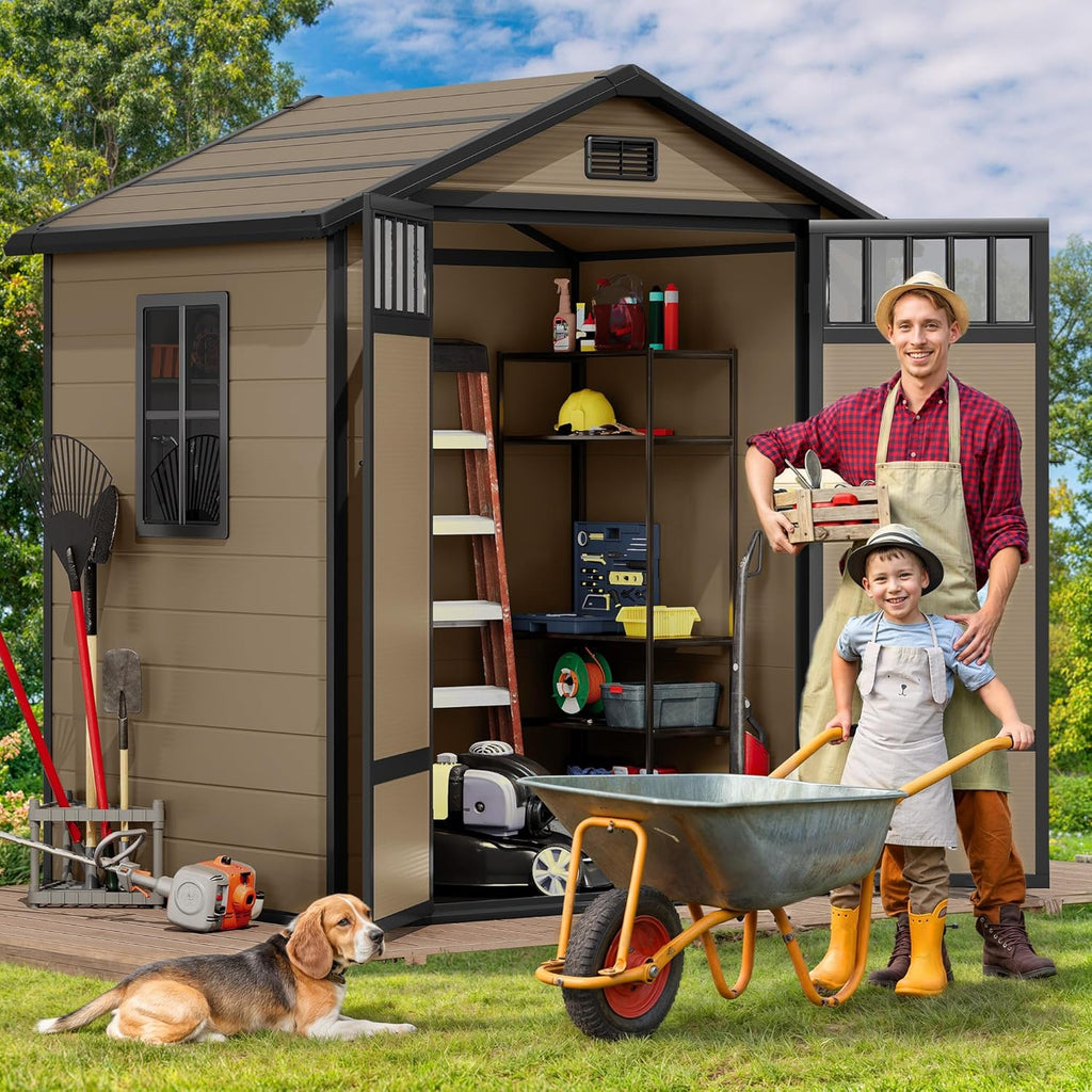 DWVO 6x4.4 FT Resin Storage Shed with Fence-Style and Side Windows, Lockable Door, and Vents Outdoor Storage Shed for Garden, Backyard, Patio, Lawn