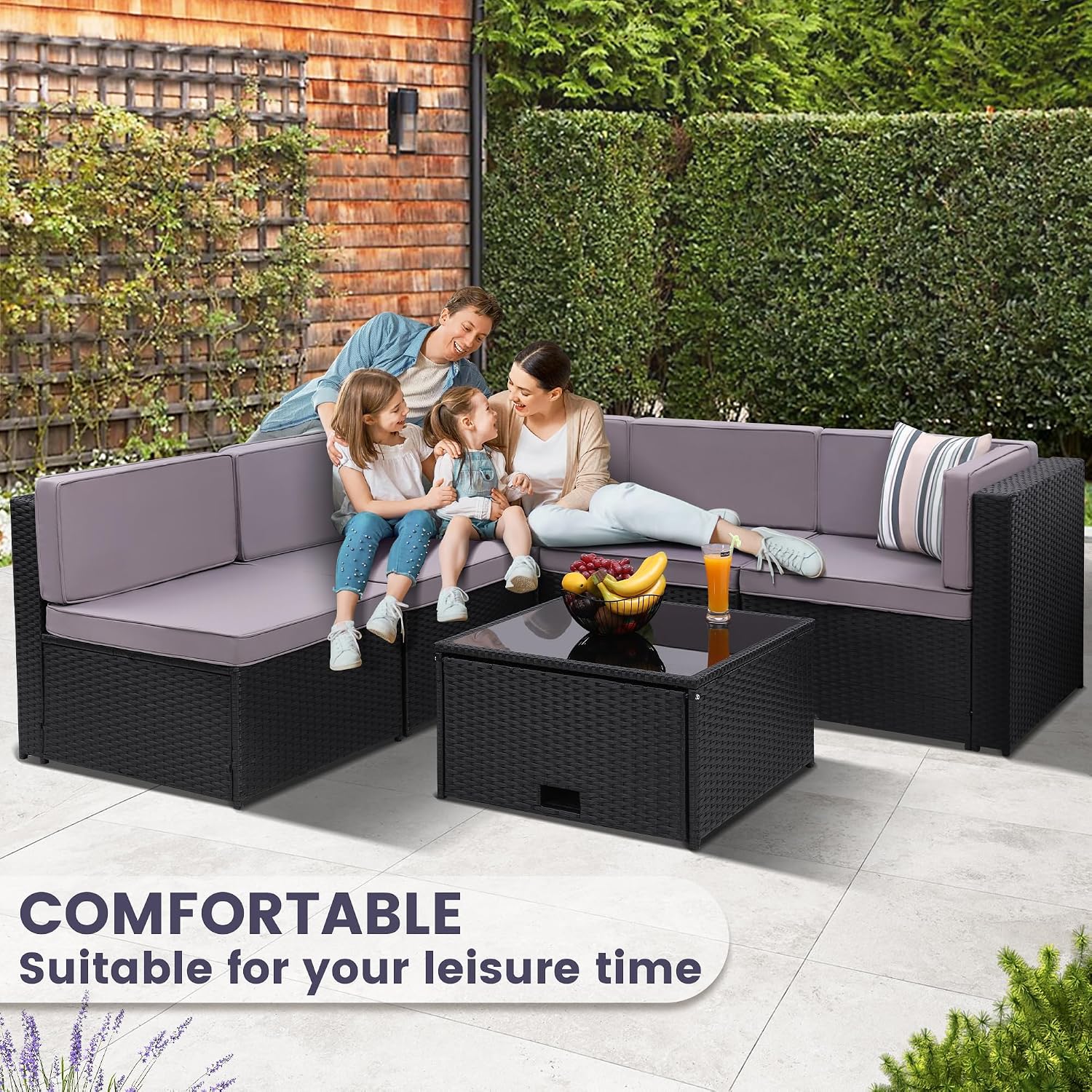 KROFEM 8-Piece Patio Furniture Set, Outdoor Wicker Rattan Sectional with Thick Cushions, Glass Top Table with Hidden Storage, Outdoor Conversation Set for Backyard, Porch, Patio, Black and Grey