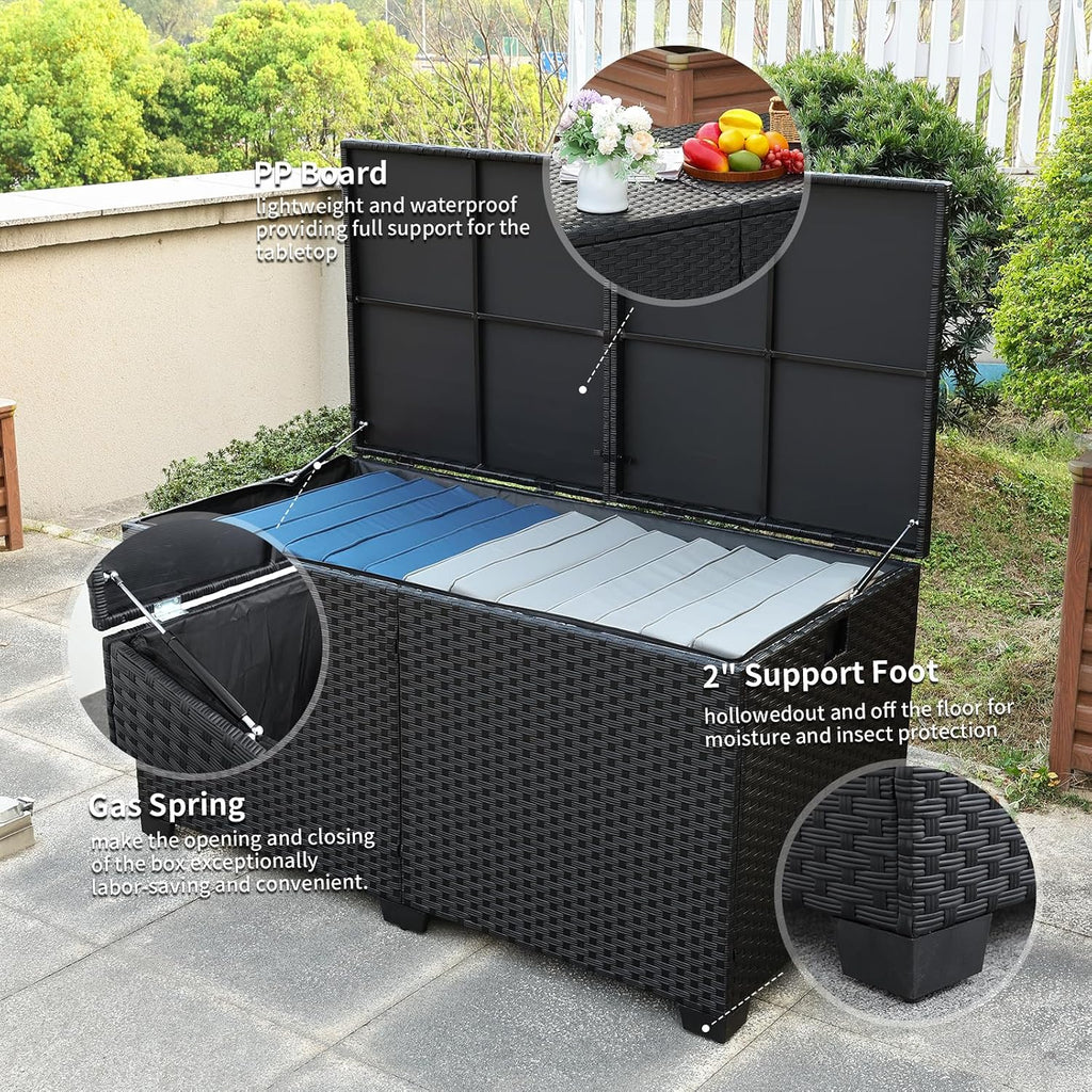 Rattaner 180 Gallon Outdoor Storage Box Large Patio Storage Bin with Waterproof Lining Bag Deck Storage Box and Cushion Storage Bin Outdoor, Black Wicker
