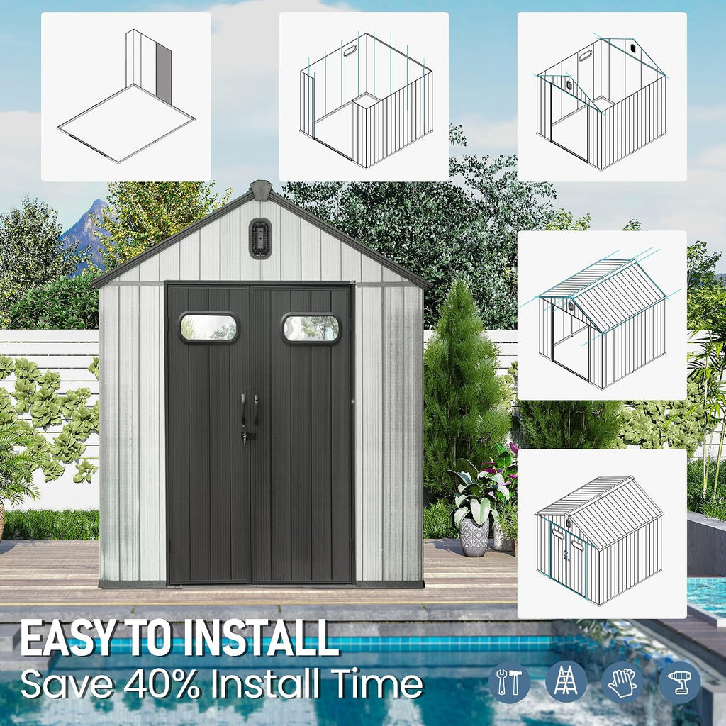 Domi 6x6 FT Outdoor Resin Storage Shed, All-Weather Double-Wall Storage Building for Backyard, Garden, Lawn Tools, Mower, Bike & Pool Equipment, Lockable Doors, Ventilated Roof, Grey