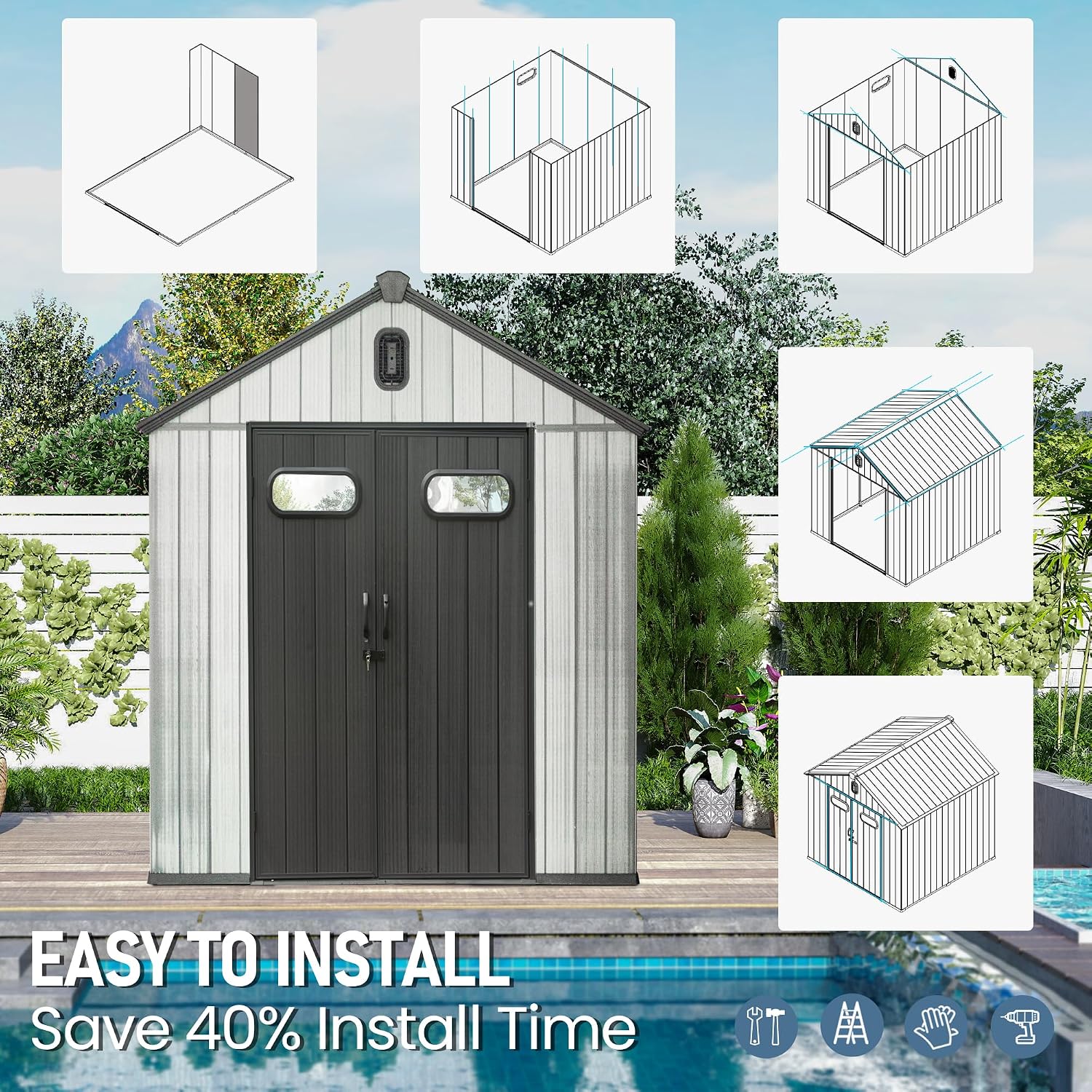 Domi 6x6 FT Outdoor Resin Storage Shed, All-Weather Double-Wall Storage Building for Backyard, Garden, Lawn Tools, Mower, Bike & Pool Equipment, Lockable Doors, Ventilated Roof, Grey