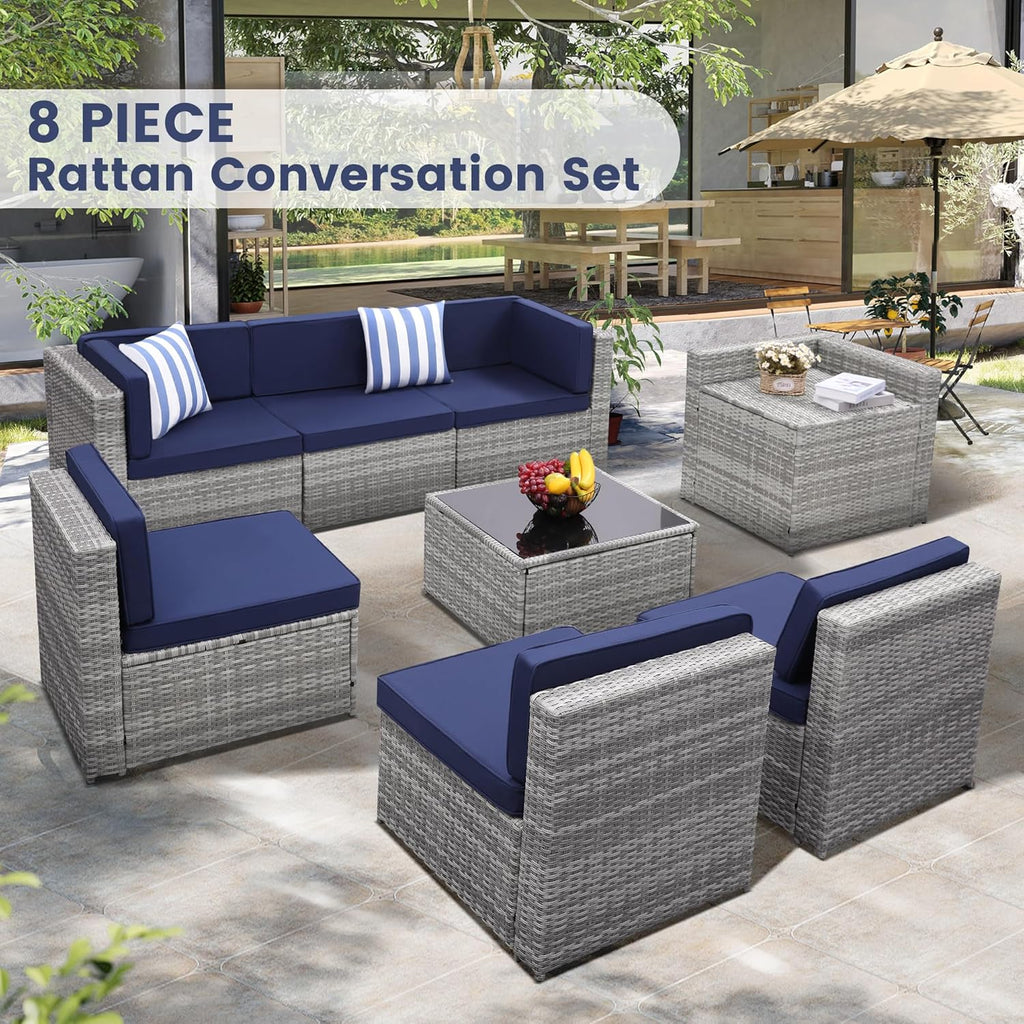 KROFEM 8-Piece Patio Furniture Set, Outdoor Wicker Rattan Sectional with Thick Cushions, Glass Top Table with Hidden Storage, Outdoor Conversation Set for Backyard, Porch, Patio, Blue