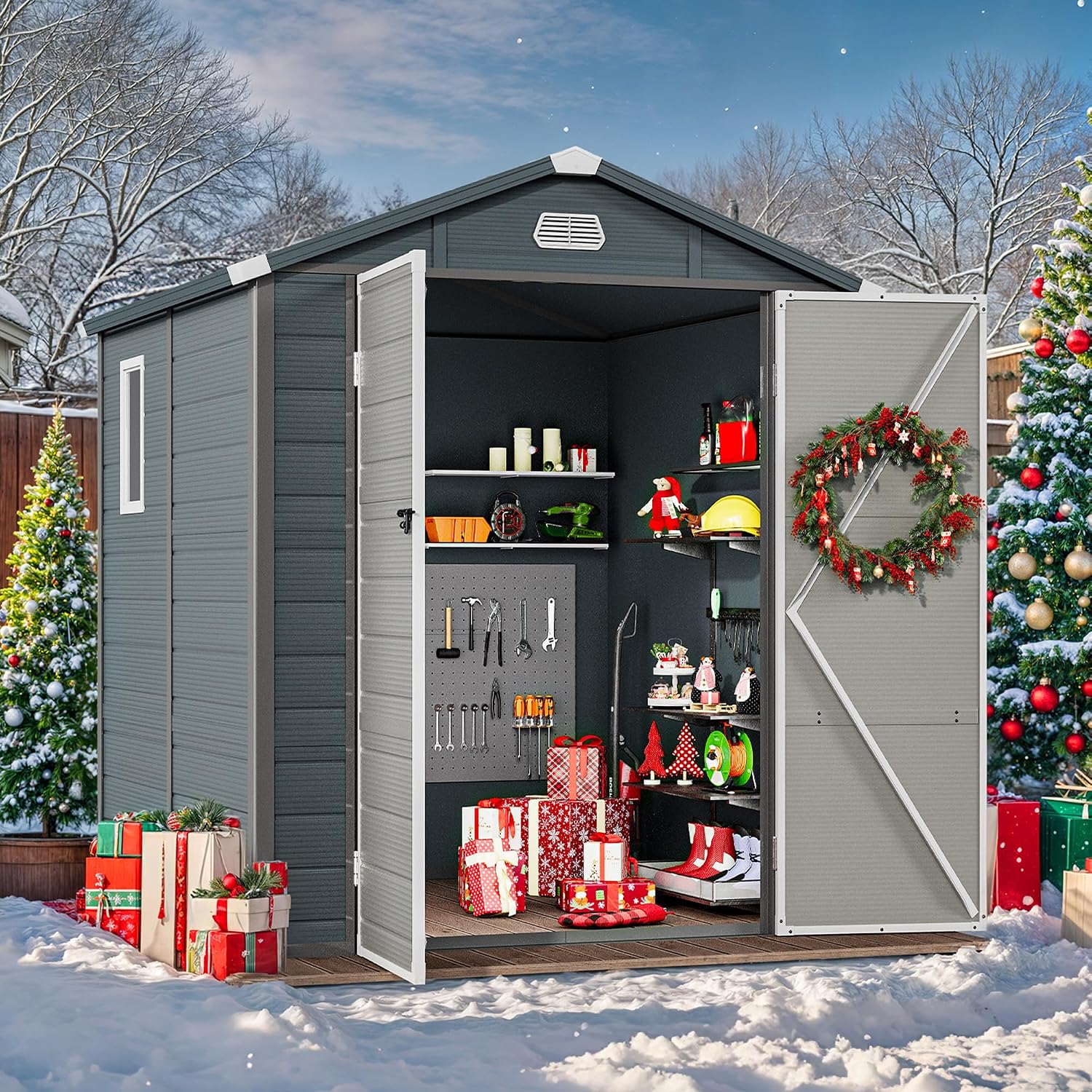 YITAHOME 6x6FT Resin Storage Unit sans Flooring, All-Weather Plastic Shed with Window, Vents and Secured Doors, Outdoor Plastic Tool Cabin for Poolside, Lawn, Backyard, Patio, Dark Gray