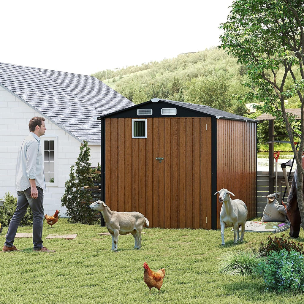 YOPTO 6x8 FT Sheds & Outdoor Storage,Steel Storage Shed with Lockable Doors and Window,Waterproof Garden Shed w/Roof Slope Design & Weather Versatility,Tool House for Storing Bicycles,Yellow