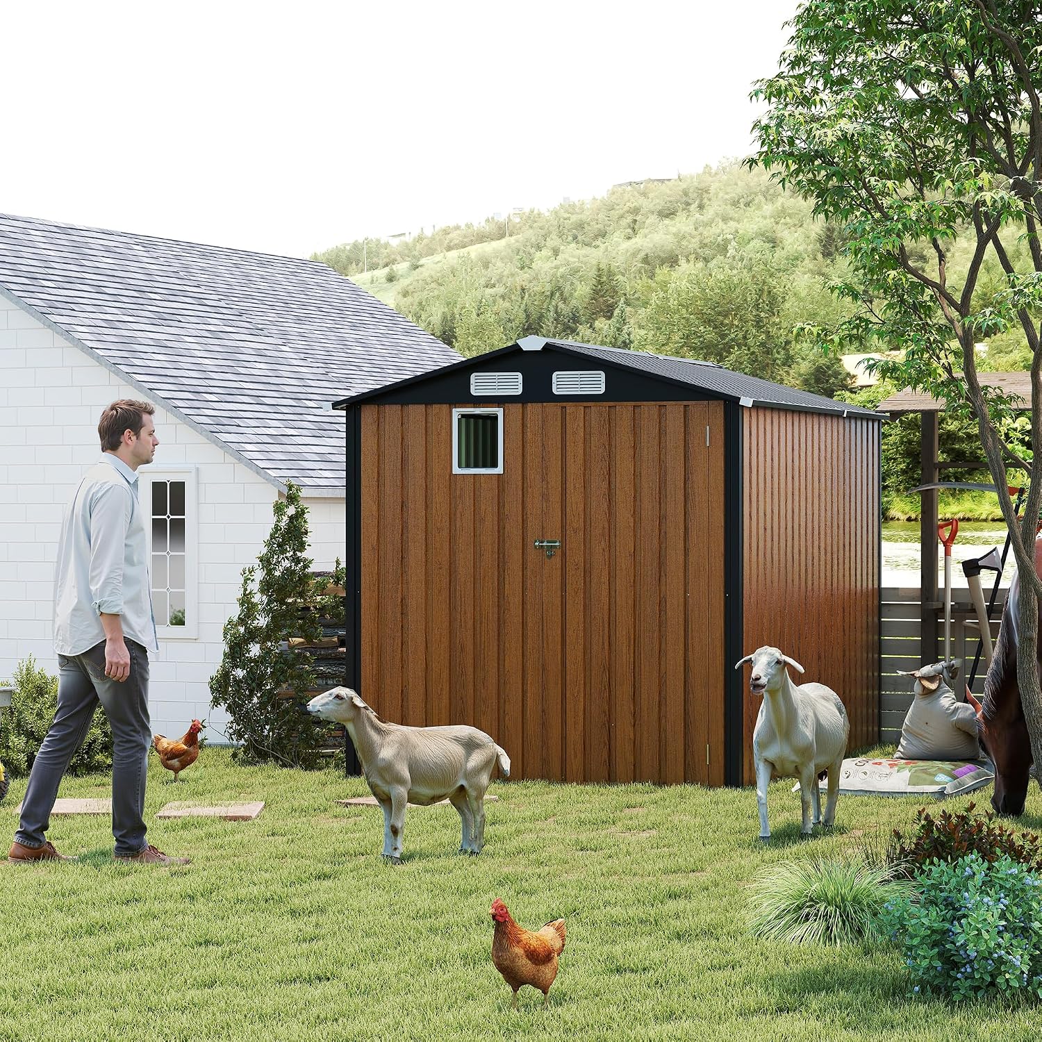 YOPTO 6x8 FT Sheds & Outdoor Storage,Steel Storage Shed with Lockable Doors and Window,Waterproof Garden Shed w/Roof Slope Design & Weather Versatility,Tool House for Storing Bicycles,Yellow
