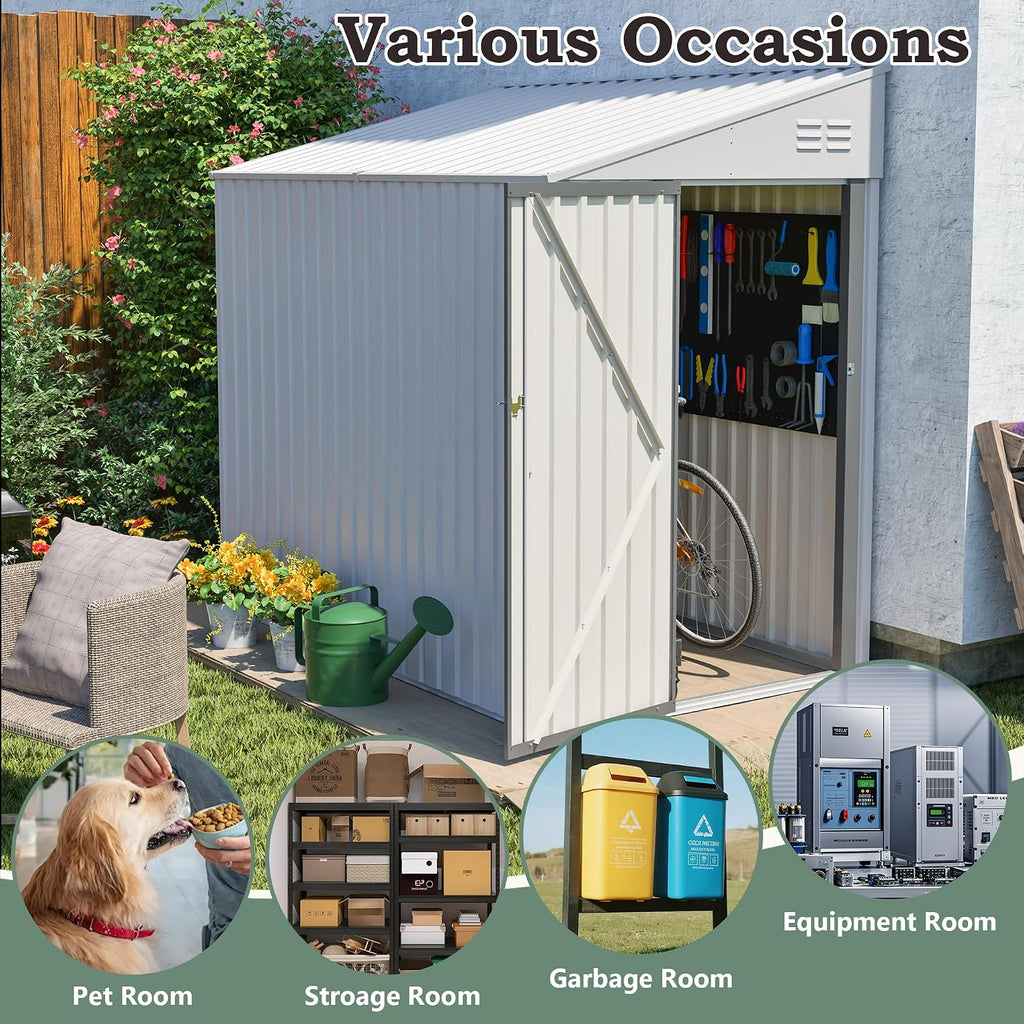 4x7 FT Lean to Shed with Single Lockable Side Door, Outdoor Metal Storage Shed, Sloping Roof Galvanized Utility Steel Tool Shed for Garden, Patio, Lawn & Backyard