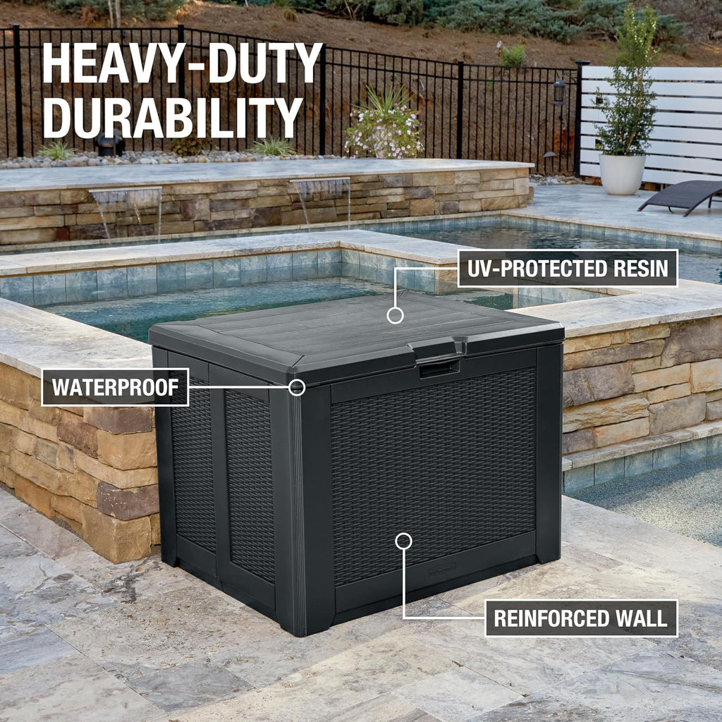 Rubbermaid Medium Resin Outdoor Storage Deck Box (74 Gal), Weather Resistant, Black, Deck Organization for Home/Backyard/Pool Chemicals/Toys/Garden Tools/Porch/Patio Cushions