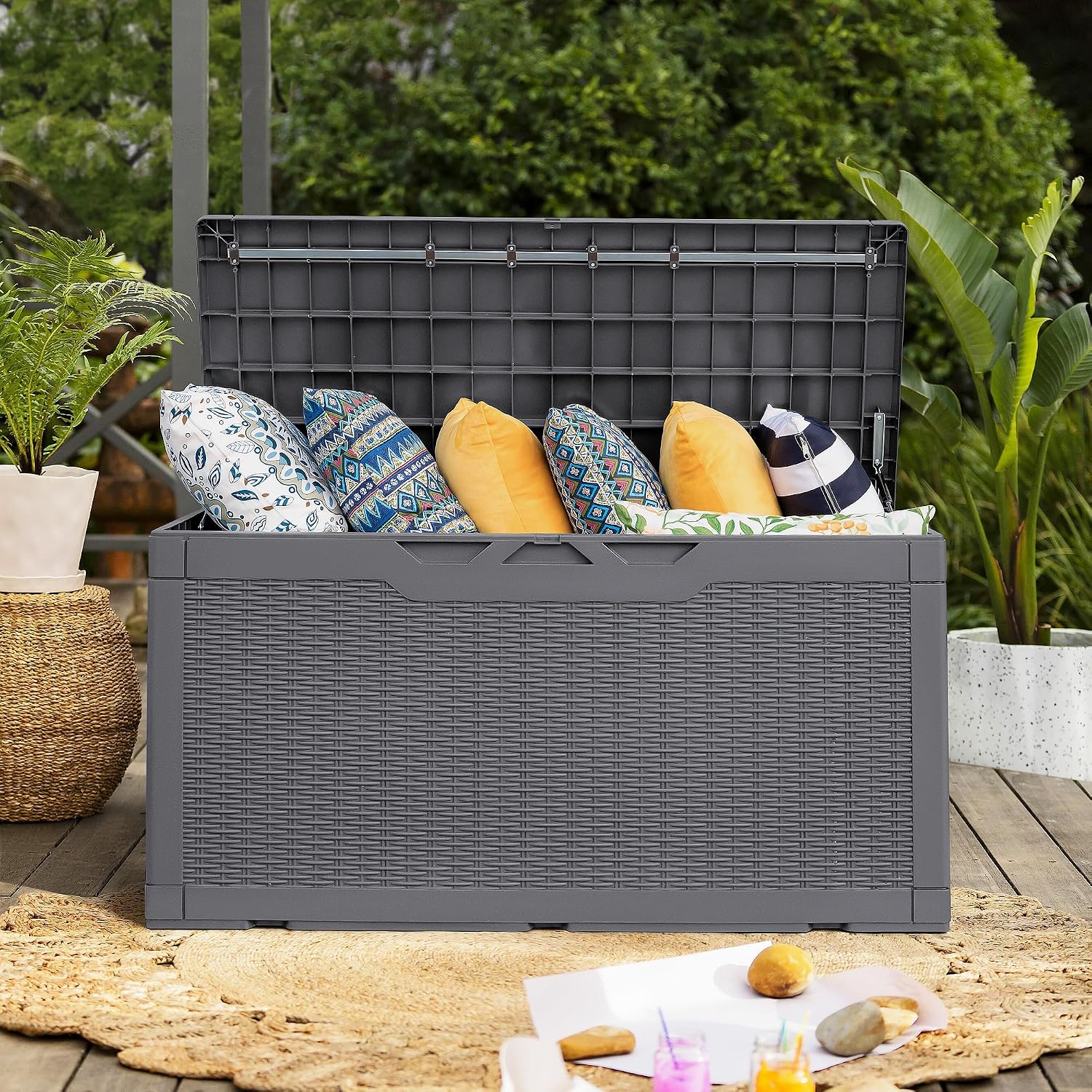 Flamaker Deck Box with Cushion 98 Gallon Waterproof Resin Storage Box with Air Rod Indoor Outdoor Lockable Storage Bench for Patio Furniture, Tools, Pool Accessories (Gray)