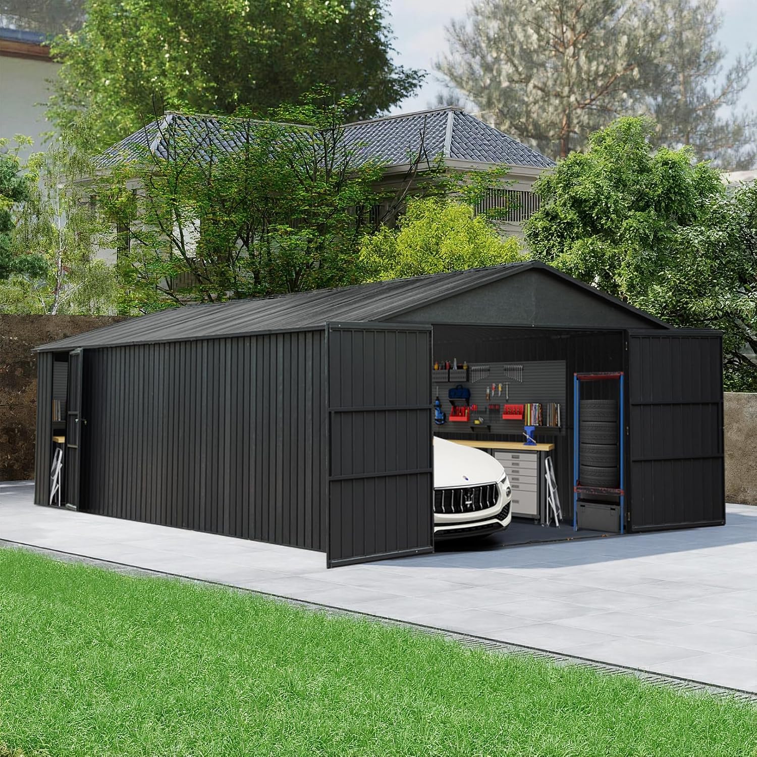 Domi 12'x15' Outdoor Metal Garage Shed, Weatherproof Enclosed Carport with Sidewalls & 2 Lockable Doors, Backyard Storage Shed for Car, Bike, Motorcycle, Lawn Mower, 80MPH Wind Resistance, Dark Grey