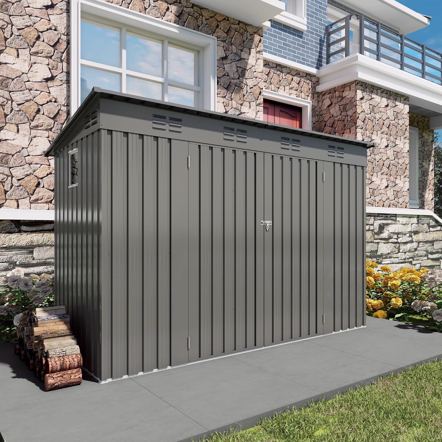 9x4 FT Outdoor Storage Shed, Metal Garden Shed with Window, Outside Tool Sheds with Lockable Hinged Doors, Waterproof Storage Building with 6 Air Vents for Backyard, Patio, Lawn, Gray