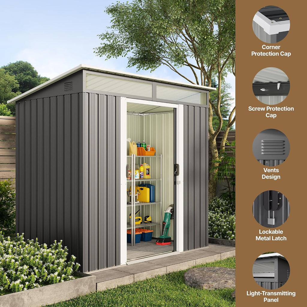Gizoon 6'x4' Outdoor Storage Shed Metal Garden Shed with Sliding Lockable Doors, Versatile Tool Bike Shed with Transparent Panel Windows, Outdoor Storage Clearance for Backyard, Patio, Dark Gray