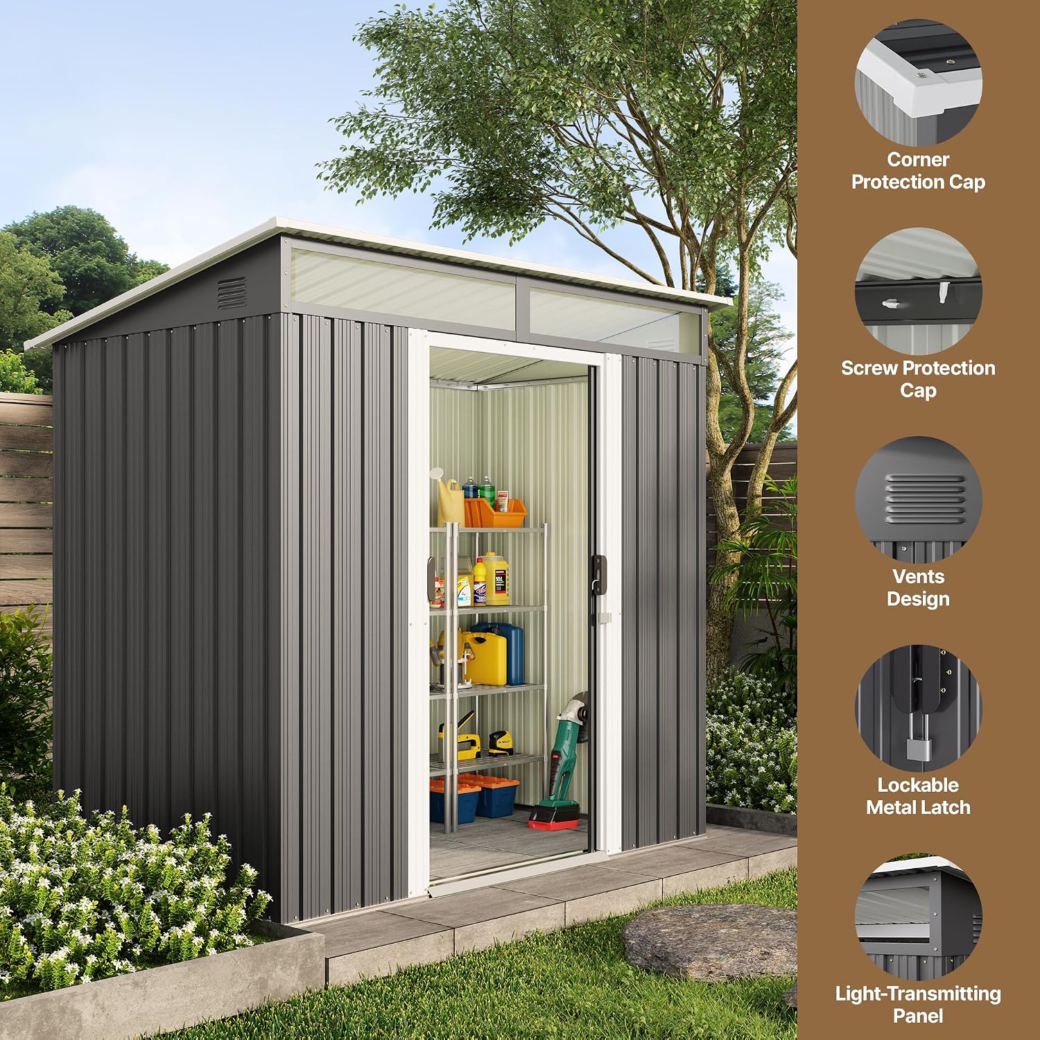 Gizoon 6'x4' Outdoor Storage Shed Metal Garden Shed with Sliding Lockable Doors, Versatile Tool Bike Shed with Transparent Panel Windows, Outdoor Storage Clearance for Backyard, Patio, Dark Gray