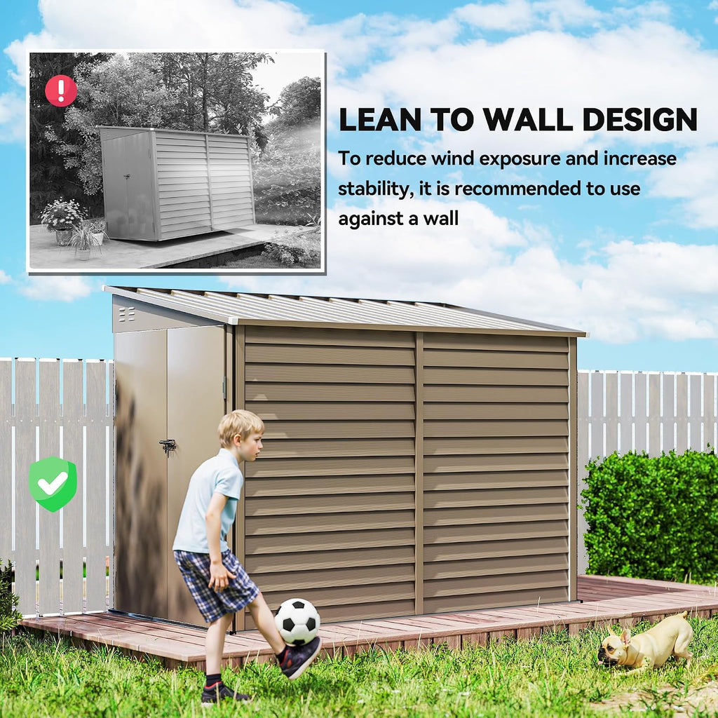 Outsunny 4.6' x 9' Steel Outdoor Storage Shed, Waterproof Lean to Shed, Metal Garden Tool House with Foundation Kit, Lockable Doors, Gloves and 2 Air Vents for Backyard, Patio, Lawn, Brown